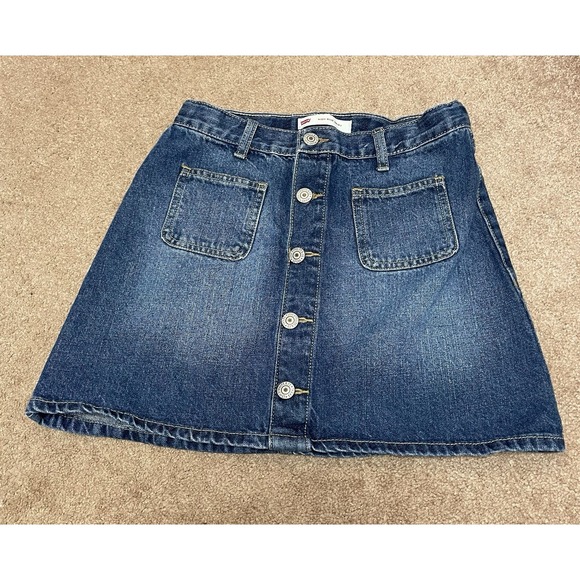 Levis Juniors 14 Reg Denim Blue Jean Mini Shirt Button Elastic Adjustable Waist - Picture 1 of 8